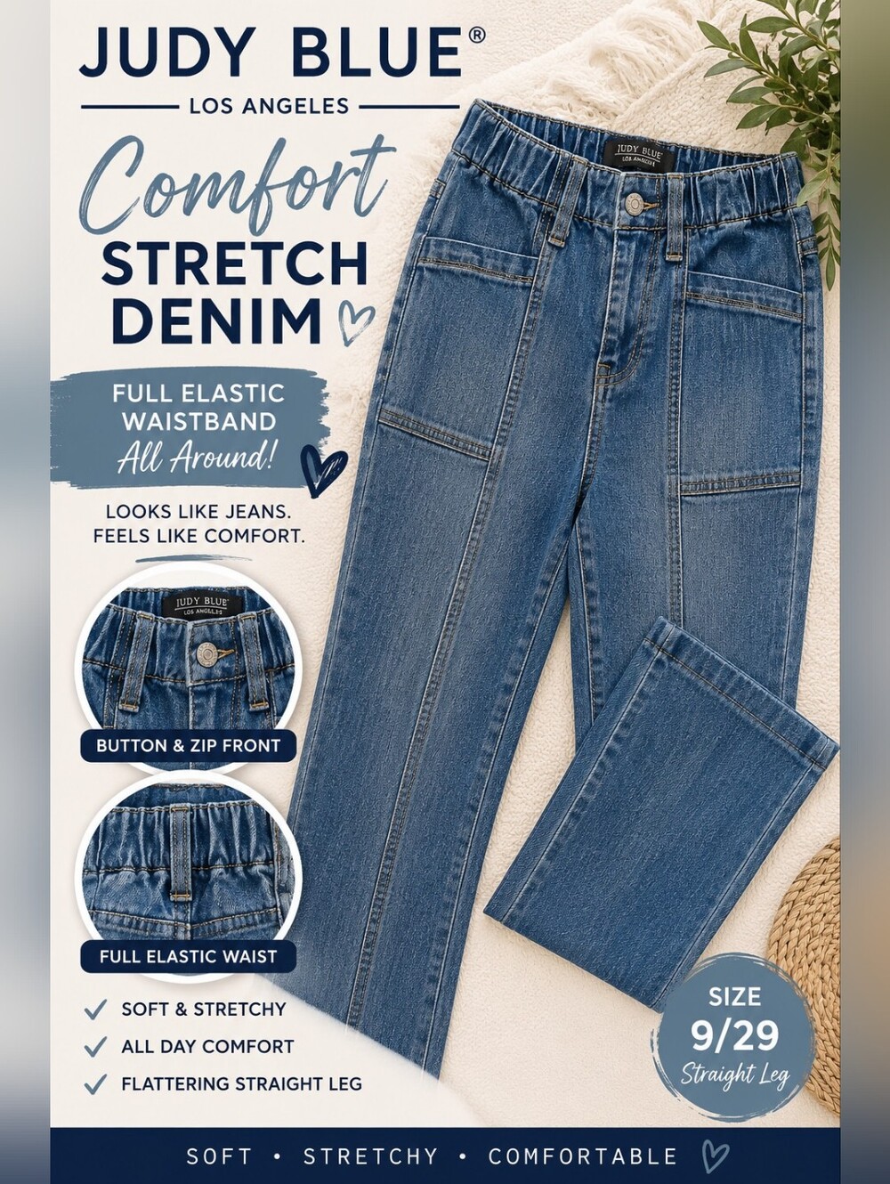 Judy Blue Straight Jeans 9/29 Full Elastic Waist Stretch Denim